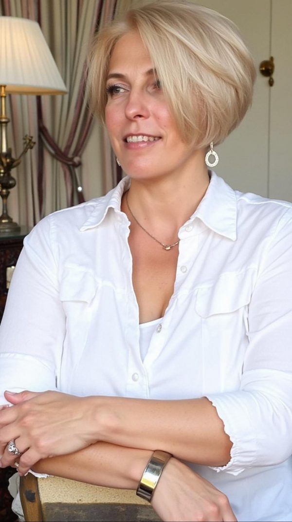 Halbporträt von Irina, 55, mit kurzen blonden Haaren in einem weißen Hemd. Sie lächelt, während sie ihre Arme verschränkt. Heiratsvermittlung in Deutschland für ausländische Single Frauen und Damen aus Osteuropa.