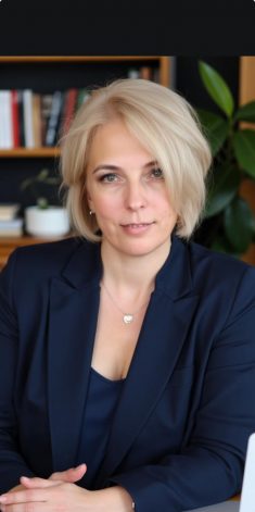 Irina, 55, posiert im Büro in einem eleganten, dunkelblauen Blazer. Damen aus Osteuropa suchen einen Partner über eine Heiratsvermittlung in Deutschland, die auch ausländische Single Frauen vermittelt.